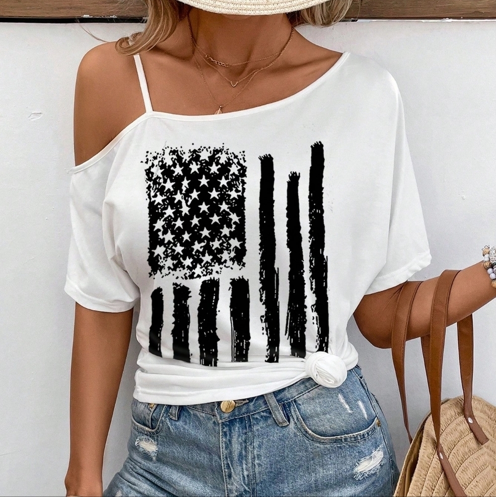 Asymmetrical Neck Short Sleeve American Flag Print Oversized Women T-Shirt, - Picture 1 of 3